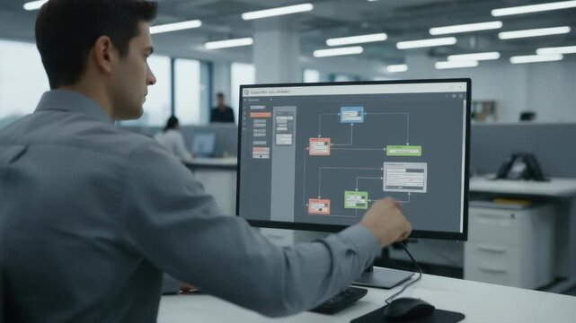 Medium shot of technician adjusting cloud PBX autoattendant settings on a computer with blurred office background for clear feature emphasis.