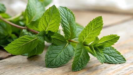 Isolated spearmint sprig, a fresh herb with natural leaves and distinctive flavor and scent,green