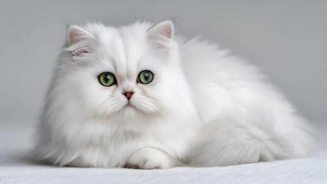 Close-up of a fluffy Persian cat sitting gracefully, isolated on a pure white background, long soft fur, bright expressive eyes, subtle shadow beneath for depth, realistic studio l