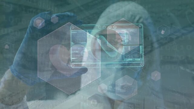 Animation of data processing over caucasian doctor with safety suit