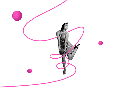 Composite art 3d creative image collage of happy girl dance weekend celebration chill occasion wear vintage dotted dress