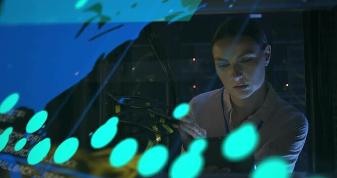 Animation of data processing over caucasian female worker in server room