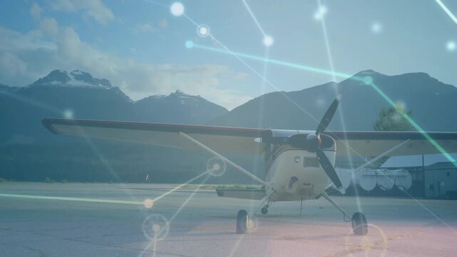 Animation of network of connections over airplane at an airport