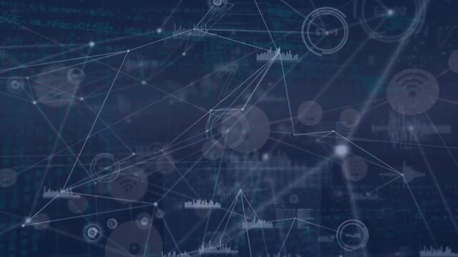 Animation of various computer icons interconnecting with lines over programming codes