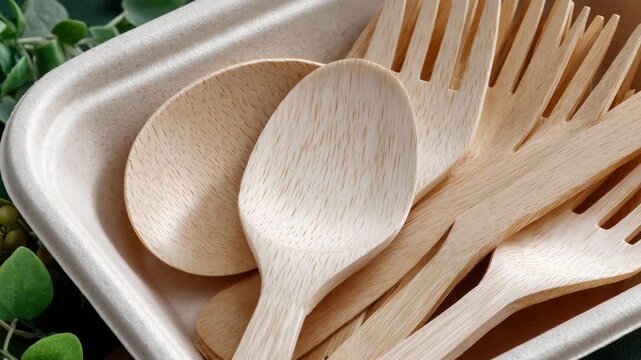 Close-up of compostable cutlery surface, zero-waste movement
