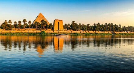 Obraz premium Ancient Egyptian structures reflecting in a calm river with a clear blue sky
