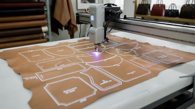 Medium shot of AIprojected cutting layout on leather sheets showcasing precise pattern placement to minimize material waste in luxury goods manufacturing.