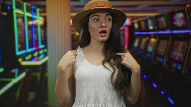 Woman with wide eyes pointing both fingers to her bare chest in neon casino building; surprise disbelief.