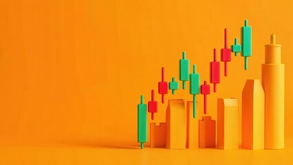 A stock market graph showing an upward trend with green and red candlesticks on a bright orange background with various sized bars