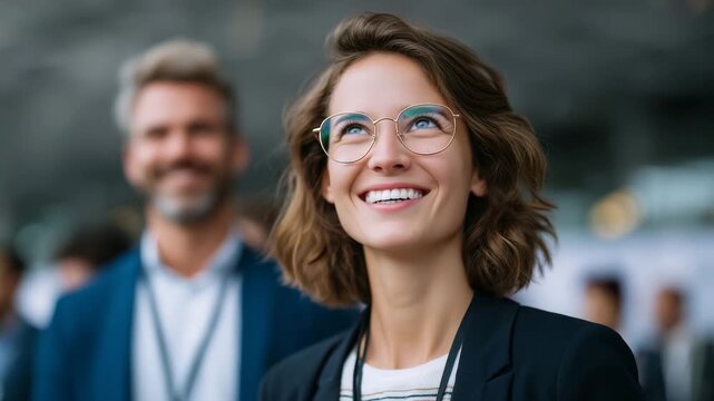 Close-up of young professionals laughing together while attending a startup booth presentation, focus on faces and upper bodies, branded exhibition stands blurred in background, li