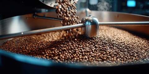 Freshly roasted coffee beans tumbling in a large industrial roaster machine