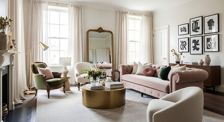Fototapeta premium Selected model gemini-2.5-flash-lite Elegant living room with plush pink sofa, ornate mirror, and curated gallery wall