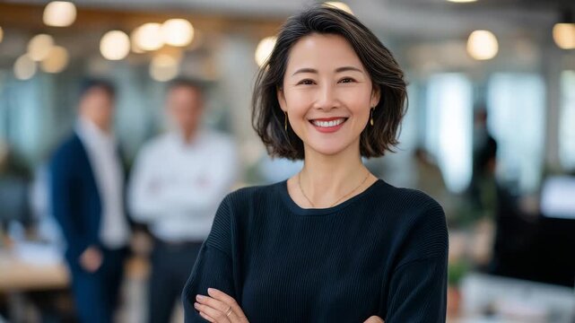Confident Asian woman manager standing calmly with arms crossed, her team in background, modern open office, soft daylight, leadership and trust visual narrative