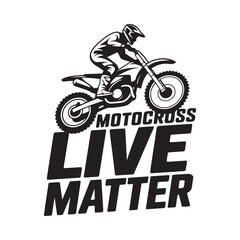 Motocross rider on a dirt bike with bold graphic text overlay