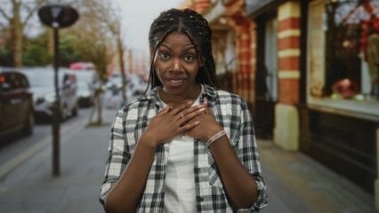 Fototapeta premium Woman with hand on chest on street, open mouth surprised expression, braided hair, plaid shirt and bracelet visible; surprise appreciation.