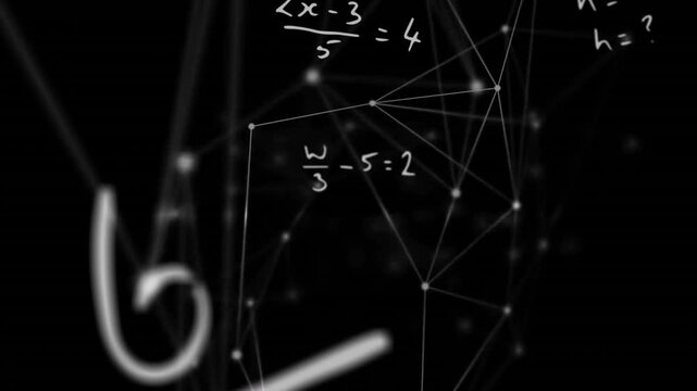Animation of mathematical equation and dots connected with lines over black background