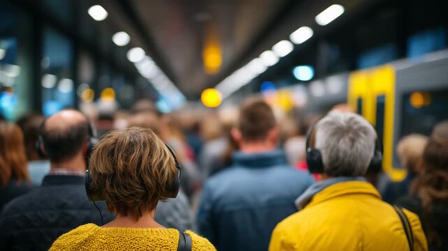 Crowd of diverse commuters inside a modern transit station, seen from behind and partial side views, coats, bags, and headphones, architectural lines leading into the distance, moo