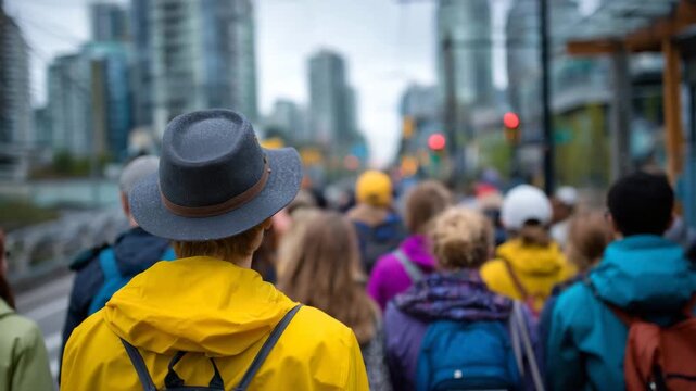 Diverse crowd waiting at a pedestrian crosswalk in a modern city, people of different ages and styles seen from behind, backpacks, coats, scarves, urban architecture framing the sc