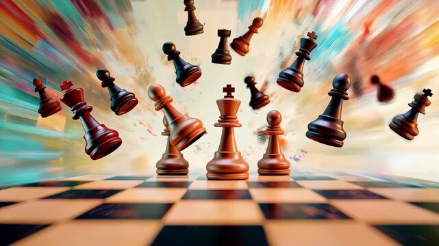 Chess pieces are exploding off of the board with motion blur and paint splatters in the background, depicting a fast paced and exciting chess game