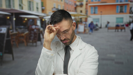 Young hispanic man in white coat stands on urban street pondering thoughtfully under city lights © Krakenimages.com