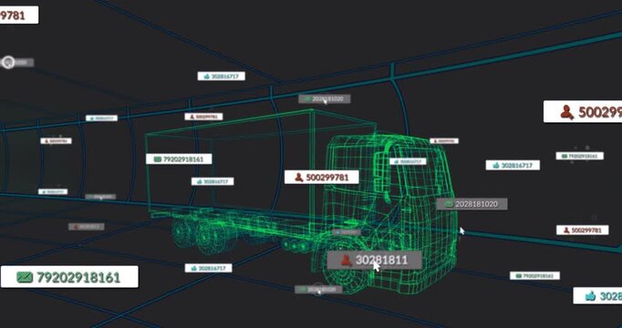 On load, cursor moving triggers tags rising around 3D wireframe truck for selecting ID then fading