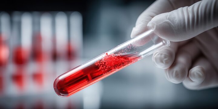 Scientist in white gloves holds a test tube with red liquid and bubbles in a laboratory setting