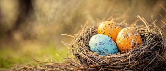Obraz premium Colorful eggs nestled in a natural nest outdoors