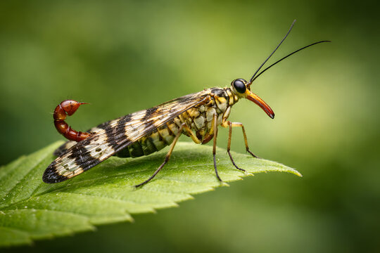 Scorpionfly (Panorpa) Macro on Green Leaf &ndash; Long Beak Insect with Curved Scorpion Tail Wildlife Photography