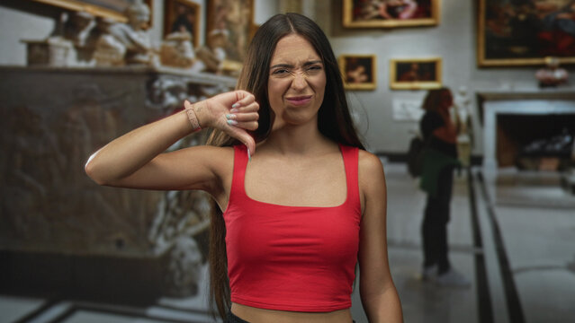 Woman showing thumbs down with both hands and scrunched face inside building art gallery wearing red crop top and watch; disapproval critique.