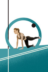 Obraz premium Vertical art trend collage of serious sportswoman do aerobics marathon pilates body care gym practicing exercise weight loss