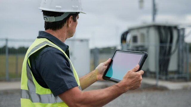 Medium shot of a field engineer monitoring realtime AIpowered network fault diagnostics on a rugged tablet with the screen in crisp detail and environment subtly blurred.