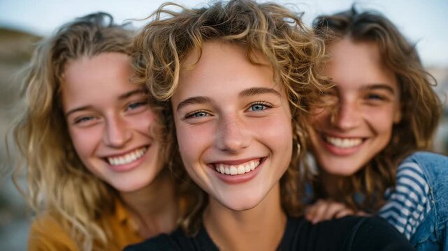 Four friends embracing and laughing, faces illuminated by soft golden light, joyful energy, diverse ethnicities, natural candid expressions, vibrant lifestyle photography style