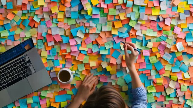 Female professional organizing workflow, jotting ideas on vibrant adhesive notes near laptop and coffee mug, capturing productive brainstorming workspace from overhead perspective