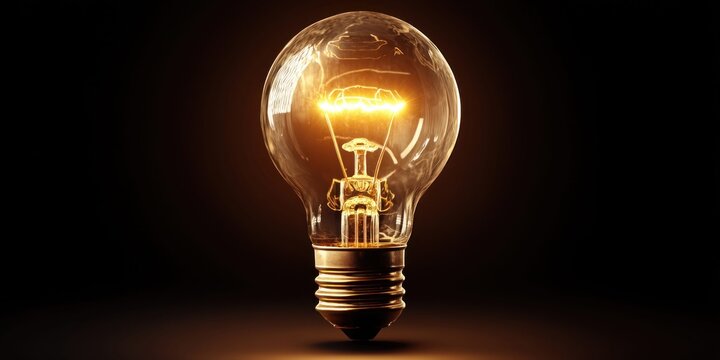 Close-up of a glowing incandescent light bulb against a dark, moody background