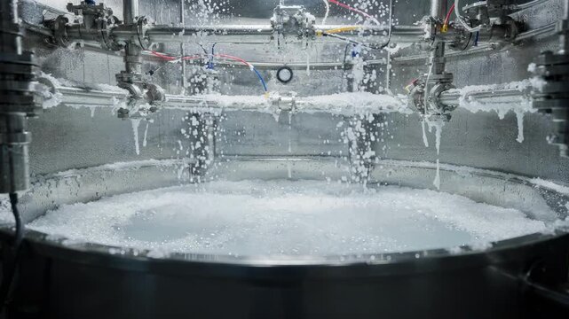 Medium shot inside a closed vessel ammonium chloride crystallizer displaying controlled crystallization under pressure capturing the enclosed environment and detailed equipment.
