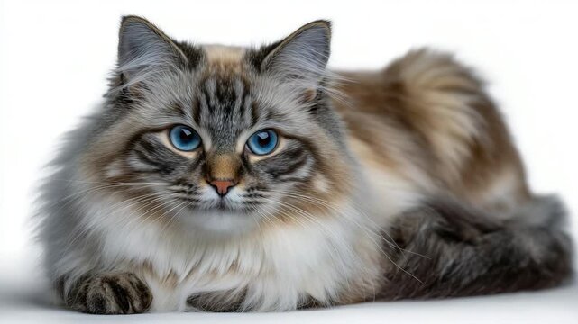 Long-haired Ragdoll cat lounging, isolated on white background, fluffy cream and gray coat, striking blue eyes, relaxed pose, soft diffuse shadow beneath