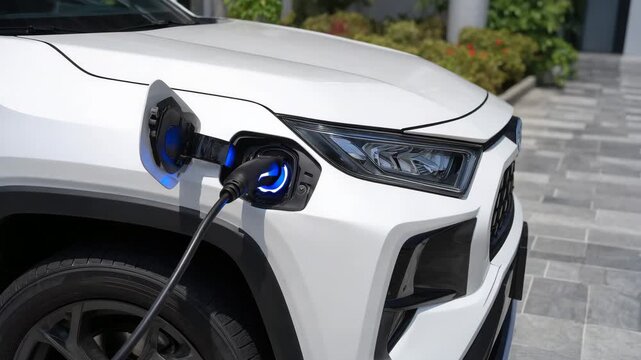 Macro of electric car charging port, clean transportation trend
