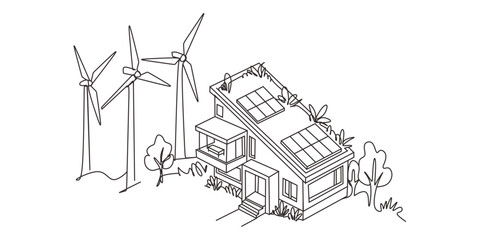 Fototapeta premium Continuous one line design of eco-friendly building with wind turbines. Minimalist style vector illustration on white background.