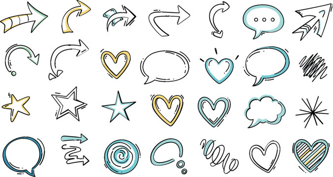 Hand-Drawn Doodles of Arrows, Hearts, Stars, and Speech Bubbles in Colorful Sketch Style for Creative Designs