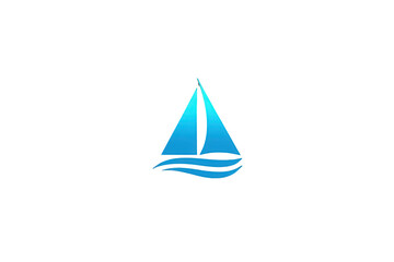 Fototapeta premium Stylized blue sailboat symbol floating on water waves, representing sailing, marine travel, freedom, and ocean adventure, transparent background