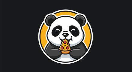 Cartoon panda eating pizza on black background © geol