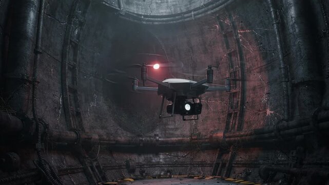 Close medium shot of a quadcopter drone hovering within a confined reactor chamber using infrared cameras to detect internal damages on vessel walls.