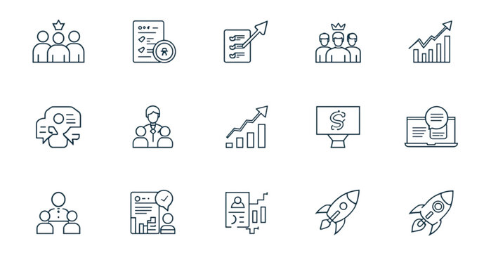 A set of minimalist line art icons representing business and finance concepts
