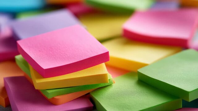 Macro of sticky notes layered, brainstorming and productivity
