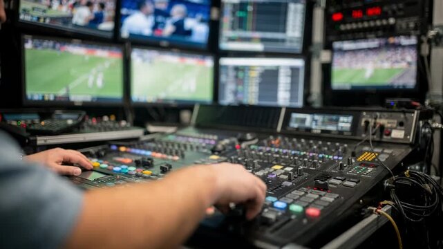 Medium shot of broadcast truck interior featuring a professional video switcher with blurred monitors and intercom panels in background during a lively sports event.