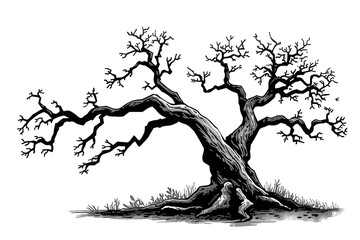 Gnarled old tree creating a spooky, haunted, and eerie atmosphere, with bare branches on a transparent background