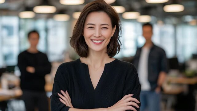 Portrait of an Asian woman team leader standing at the front of her team, arms crossed, warm confident smile, open-plan office environment, bright natural light, empowerment and su