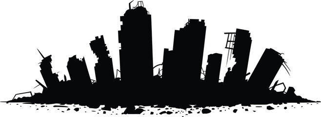 Silhouette of ruined city skyline, broken rooftops and missing walls, jagged outlines