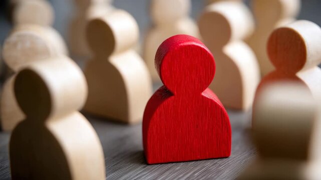 Single red figure highlighted among multiple muted wooden figures, front focus with soft blurred surrounding figures, white background, concept of leadership and personal distincti