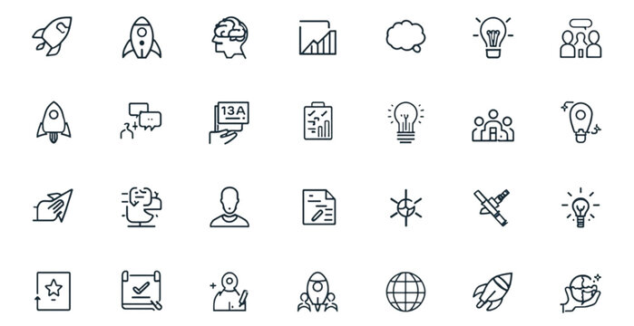 A collection of business and technology icons in a flat line art style